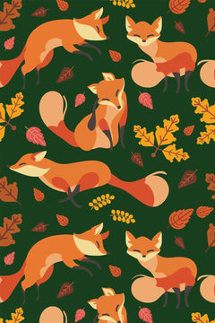 Le décor à plat : des renards orange au ventre crème et des feuilles de chêne dorées sur fond vert sapin.