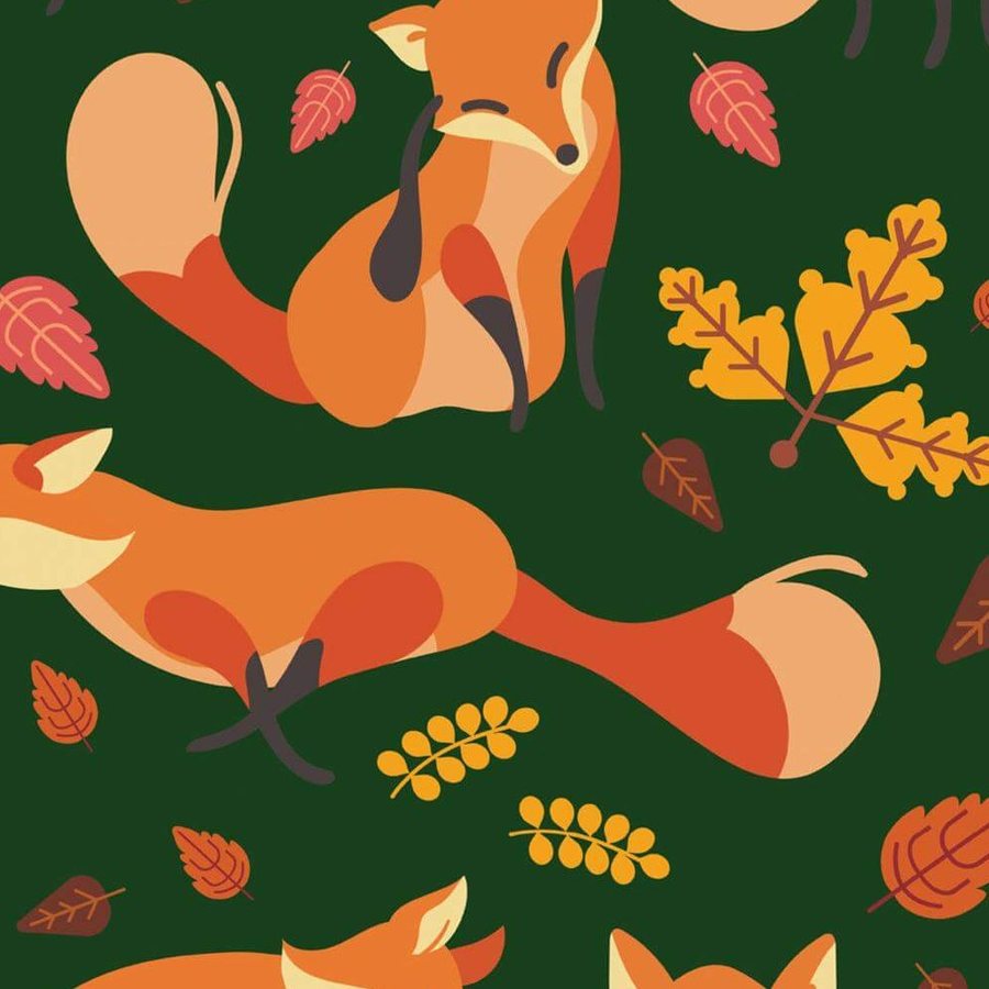 Gros plan sur l'impression : la fourrure orange d'un renard et le bord dentelé d'une feuille de chêne.