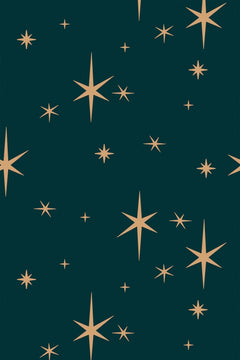 Le décor à plat : étoiles à six branches effilées, couleur sable rosé, dispersées en tailles inégales sur un fond vert canard sombre.