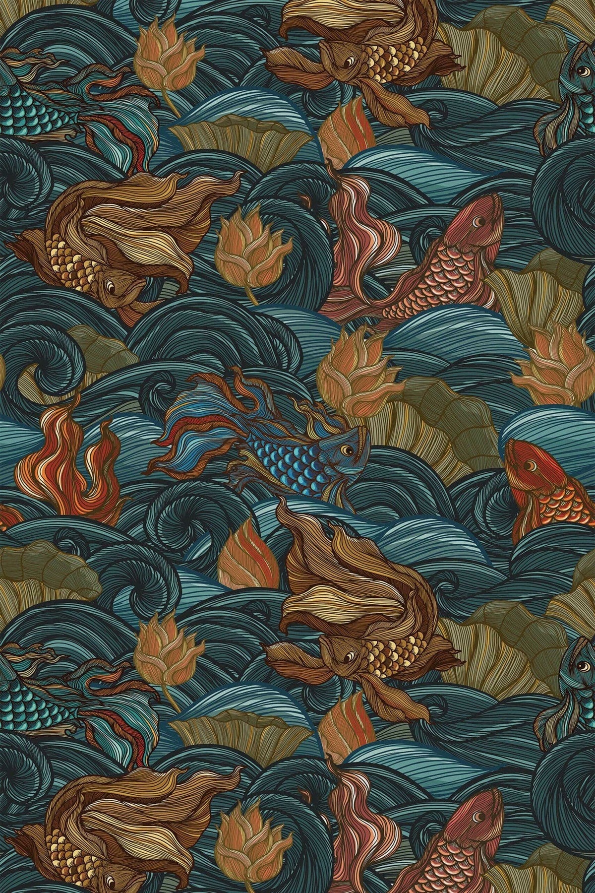 Poissons et Vagues Bleu Canard, aperçu aux dimensions saisies