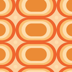 Gros plan de l'impression : anneaux orange vif, abricot et crème en aplats nets autour d'un cœur orange safran.
