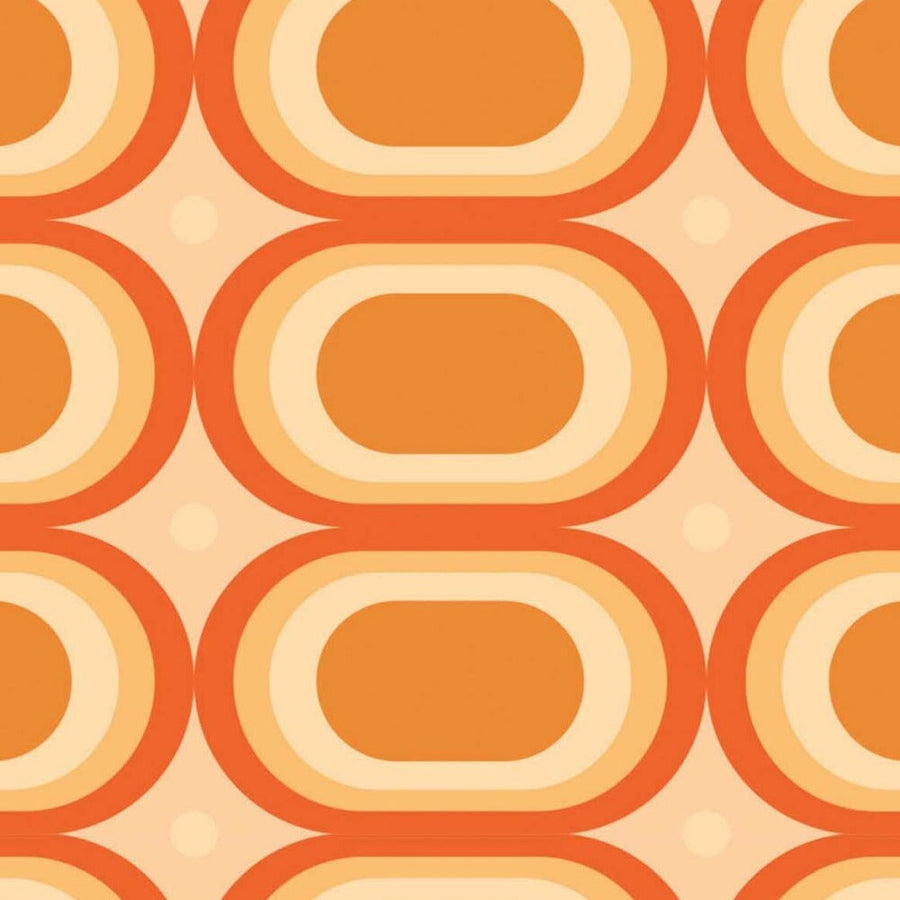 Gros plan de l'impression : anneaux orange vif, abricot et crème en aplats nets autour d'un cœur orange safran.