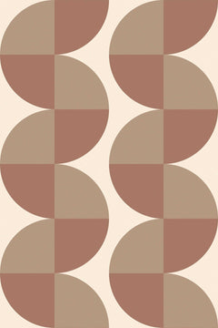 Le décor à plat : demi-cercles taupe clair et terre cuite rosée, partagés en quartiers et emboîtés en colonnes ondulées sur fond crème.