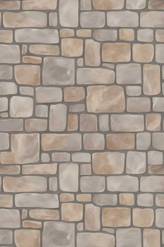 Le décor à plat : pierres rectangulaires aux angles arrondis, grises, grège et beige rosé, séparées par des joints gris taupe, en trompe-l'œil.