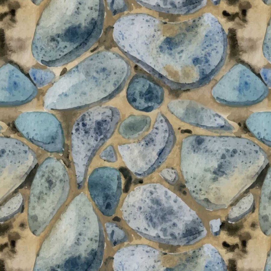 Gros plan de l'impression : le cerne d'un galet bleu pétrole et les mouchetures d'une pierre gris perle.