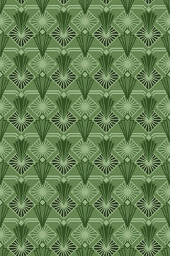 Le décor à plat : éventails et losanges rayonnants dans plusieurs verts, du sauge au vert presque noir.