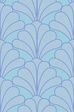 Le décor à plat : grandes palmettes bleu ciel cernées de bleu bleuet sur un fond turquoise pâle.