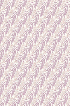 Le décor à plat : feuilles mauves en ogives verticales et fleurs au trait rose pâle sur fond crème.