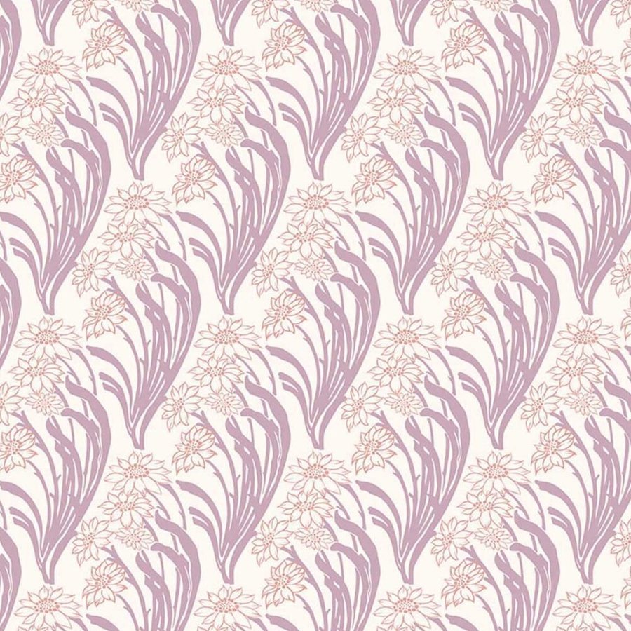 Gros plan sur l'impression : aplat mauve d'une feuille et marguerite tracée d'un trait rose fin.