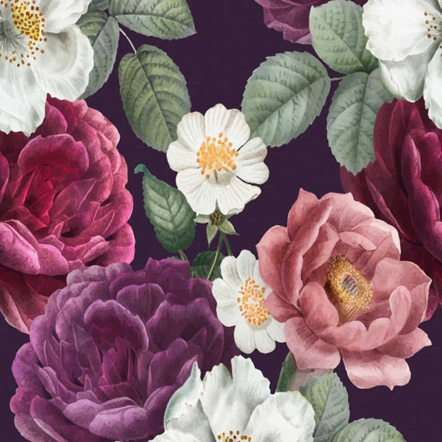 Gros plan de l'impression : plis serrés des pétales d'une rose framboise et étamines jaune d'or d'une églantine blanche.