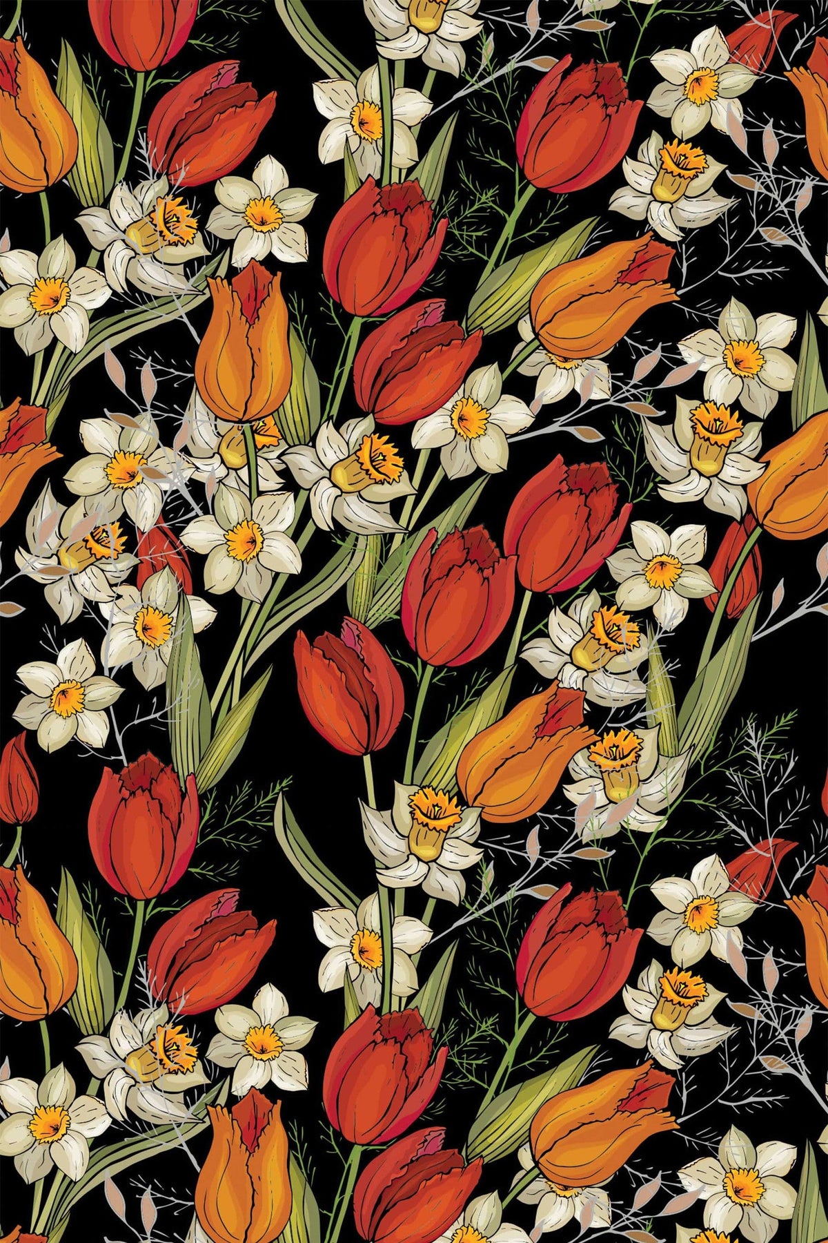 Tulipes et Narcisses sur Noir, le motif seul