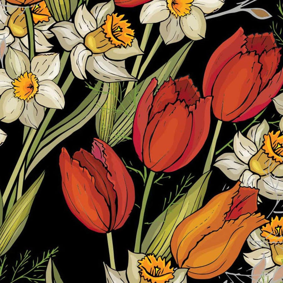 Gros plan de l'impression : nervures d'un pétale de tulipe rouge cerné d'un trait sombre et trompette jaune d'un narcisse.