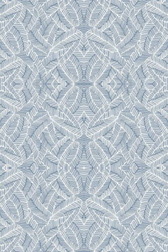 Le décor à plat : un feuillage au trait blanc, symétrique, sur un fond bleu gris pâle.