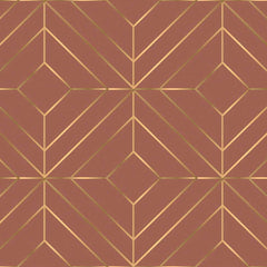 Gros plan de l'impression : losange doré emboîté dans un carré et chevrons parallèles dans l'angle, sur le brun rosé mat du fond.