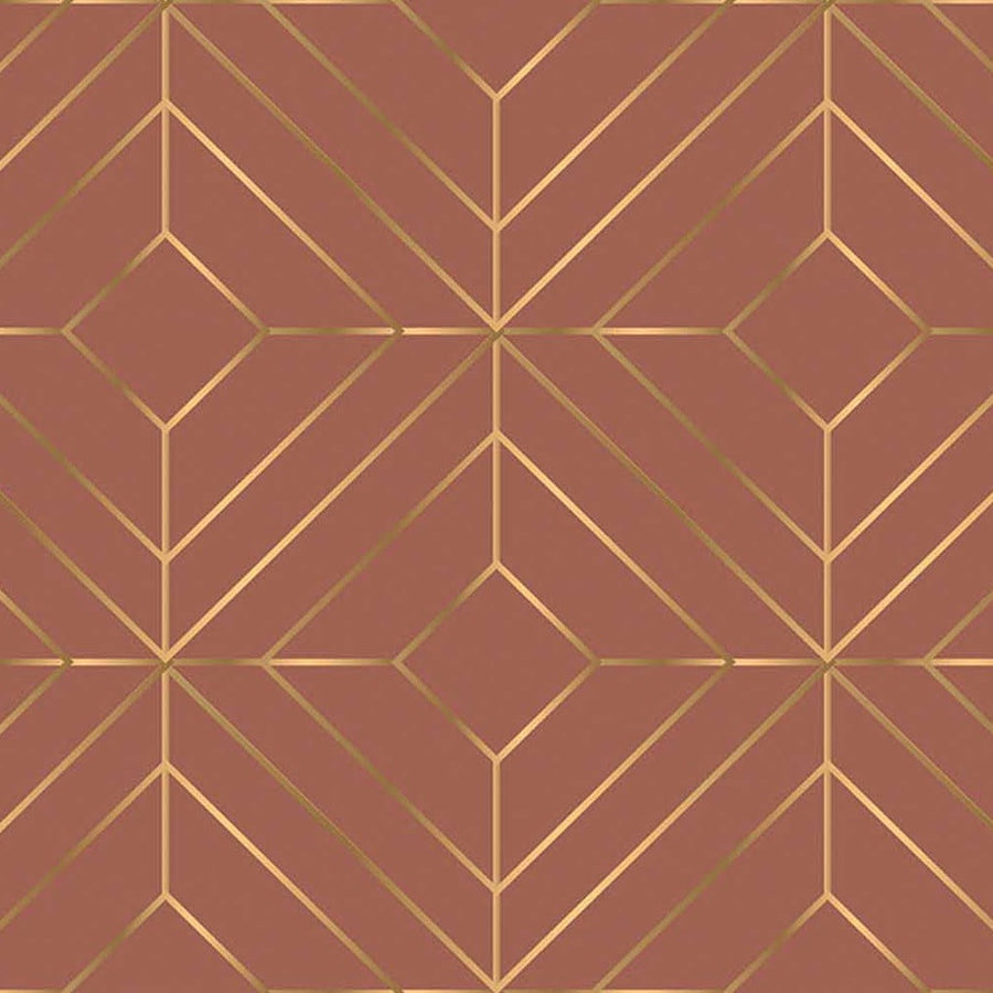 Gros plan de l'impression : losange doré emboîté dans un carré et chevrons parallèles dans l'angle, sur le brun rosé mat du fond.
