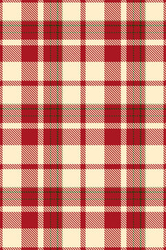 Motif à plat : tartan rouge carmin sur fond crème, bandes en diagonales fines et filets vert sapin.