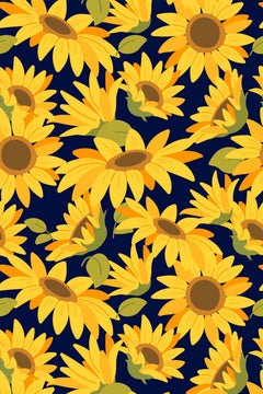 Le décor à plat : grands tournesols jaunes à cœur brun et feuilles vert olive sur fond bleu nuit.