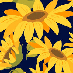Gros plan sur l'impression : aplats jaune citron et orangé d'un pétale contre le bleu nuit du fond.