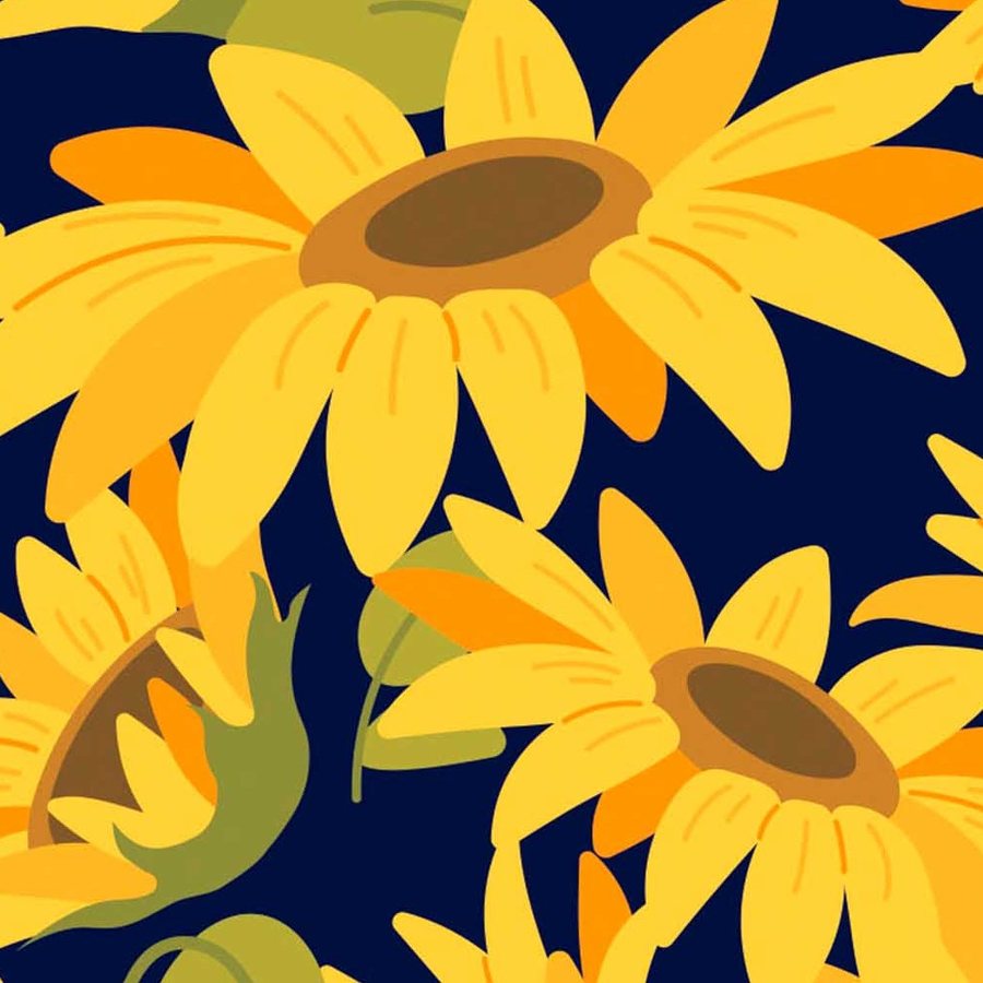 Gros plan sur l'impression : aplats jaune citron et orangé d'un pétale contre le bleu nuit du fond.