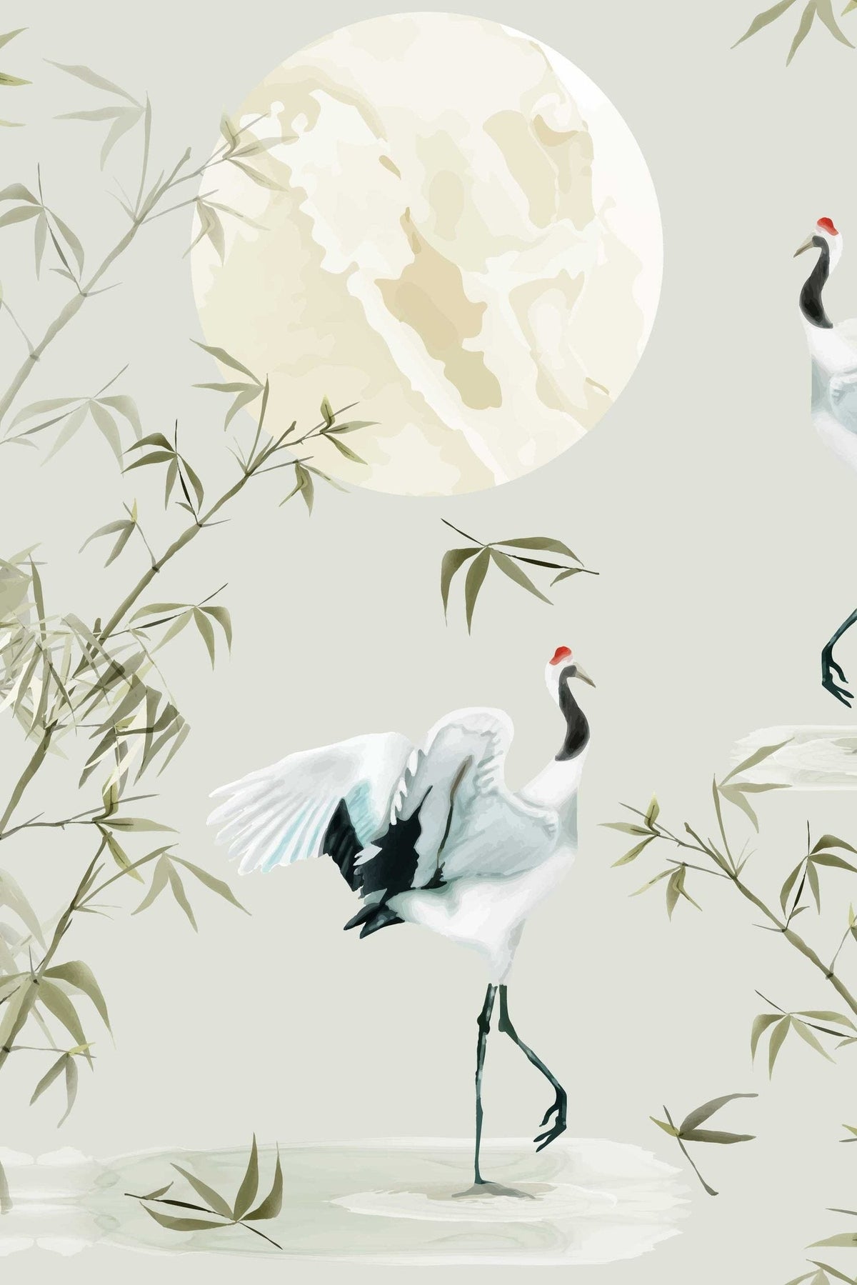 Grues et Bambous Vert Pâle, le motif seul