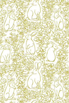 Le décor à plat : lapins assis et branches fleuries au trait jaune doré sur fond blanc cassé.
