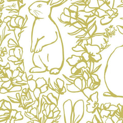 Gros plan de l'impression : le contour doré d'une oreille de lapin et les nervures d'une feuille.