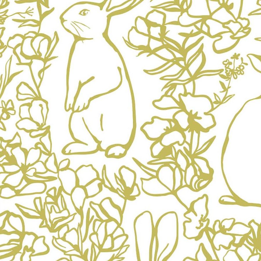 Gros plan de l'impression : le contour doré d'une oreille de lapin et les nervures d'une feuille.