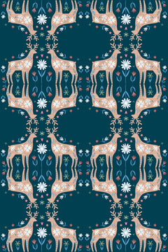 Le décor à plat : cerfs beige rosé et fleurs blanches et rouges sur un fond bleu canard.