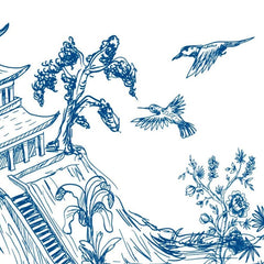 Gros plan de l'impression : hachures bleues des toits de la pagode et de l'escalier.