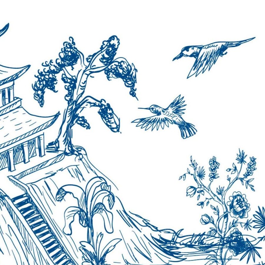 Gros plan de l'impression : hachures bleues des toits de la pagode et de l'escalier.