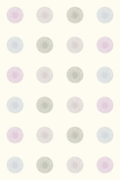 Le décor à plat : des pastilles rayonnantes rose, gris, sauge et bleu sur un fond ivoire.
