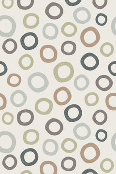 Le décor à plat : des anneaux olive, taupe, gris et terracotta dispersés sur un fond crème.
