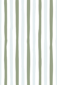 Le décor à plat : des rayures verticales vert sauge, blanches et gris bleuté aux bords irréguliers.