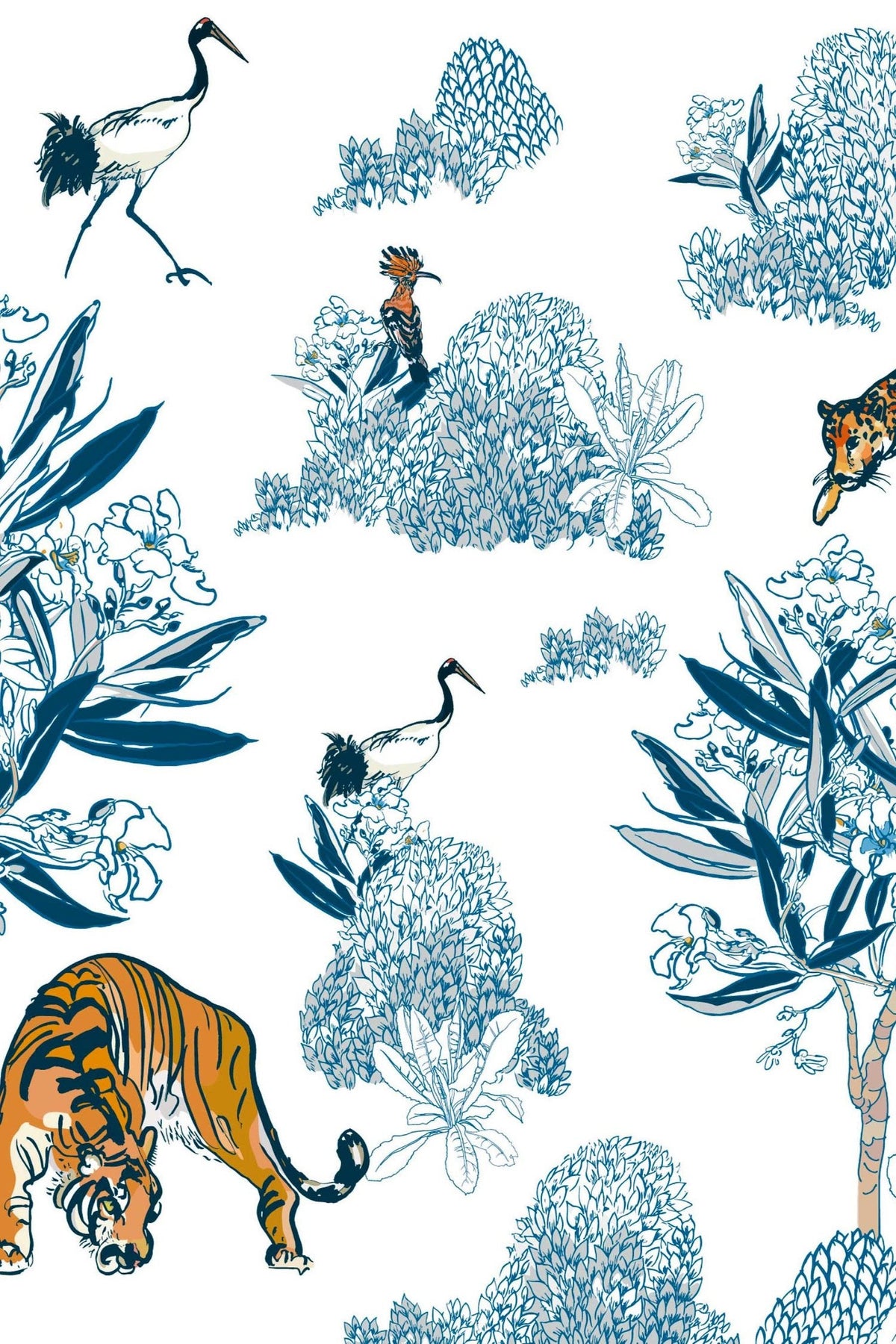 Tigres et Grues Bleu Porcelaine, aperçu aux dimensions saisies