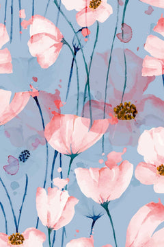 Le décor à plat : coquelicots rose pâle et blanc rosé aux cœurs ocre, tiges bleu marine, fond bleu grisé.