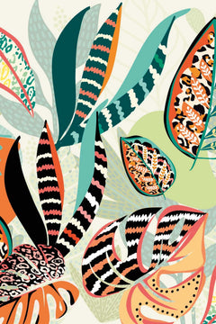 Le décor à plat : grandes feuilles tropicales zébrées et tachetées, vert canard, corail et orange.