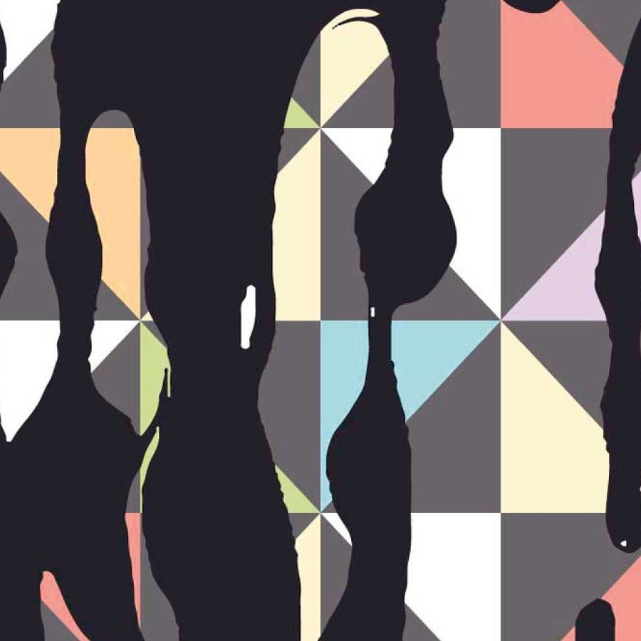 Gros plan sur le bord souple d'une coulure noire et les triangles colorés en dessous.