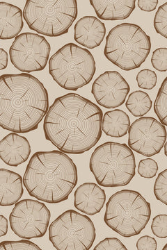 Motif de coupes de rondins aux cernes bruns de tailles variées sur fond beige grège, vu à plat