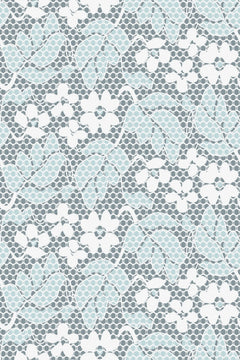 Dentelle à fleurs blanches sur un réseau hexagonal gris, avec des fonds bleu givré.
