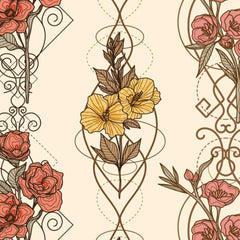 Gros plan de l'impression : pétales d'une rose corail hachurés à l'encre brune et volute pointillée qui relie deux fleurs.