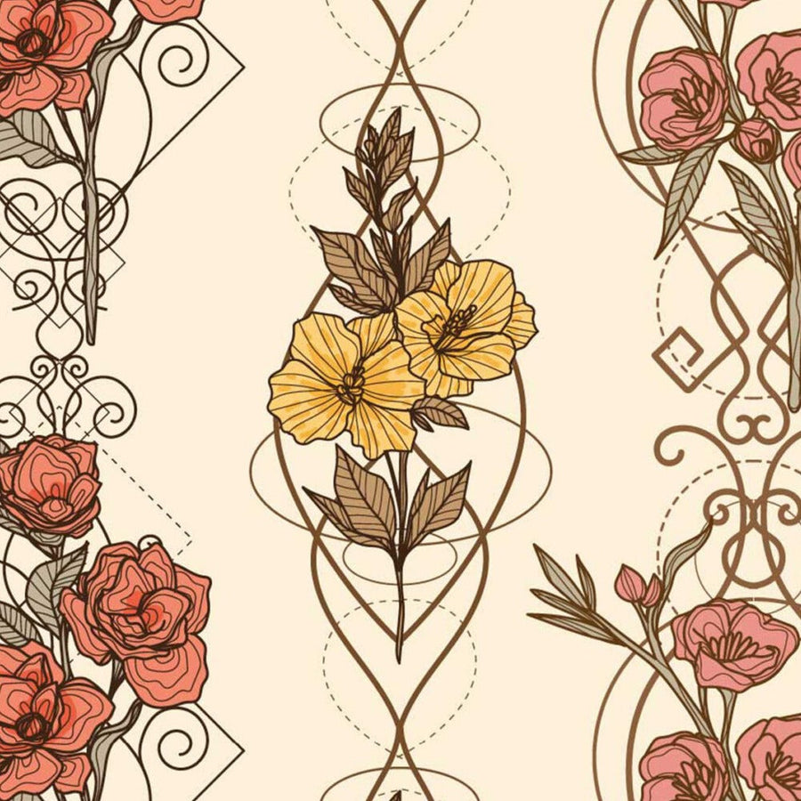 Gros plan de l'impression : pétales d'une rose corail hachurés à l'encre brune et volute pointillée qui relie deux fleurs.