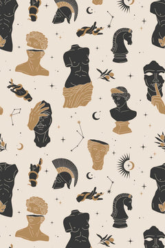 Décor à plat : semis de bustes, torses et casques antiques noir et ocre doré, étoiles et croissants de lune sur fond ivoire.