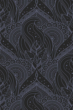 Arabesques, spirales et rosaces au trait gris lavande sur fond noir, motif couvrant.
