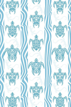 Le décor à plat : des tortues marines bleu turquoise à carapace gravée sur fond blanc rayé d'ondulations.