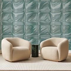 Papier peint panoramique Pavés de Verre Céladon, posé sur toute la paroi d'un salon, derrière deux fauteuils en bouclette crème et un guéridon en marbre vert
