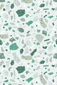Le motif à plat : éclats de terrazzo vert émeraude, sauge, gris et blanc sur un fond vert d'eau.