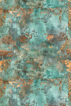 Patine de métal turquoise tachée de cuivre orangé et de brun-gris, sans motif net.