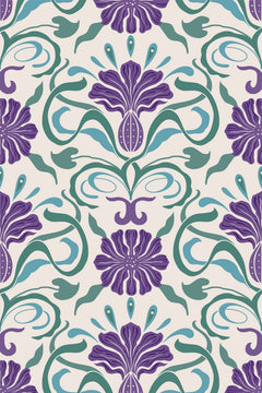 Le décor à plat : iris violets, tiges vert émeraude et tulipes bleu canard sur fond ivoire.
