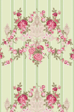 Le décor à plat : bouquets de roses rouge framboise sur un fond vert sauge rayé, avec un cartouche beige.
