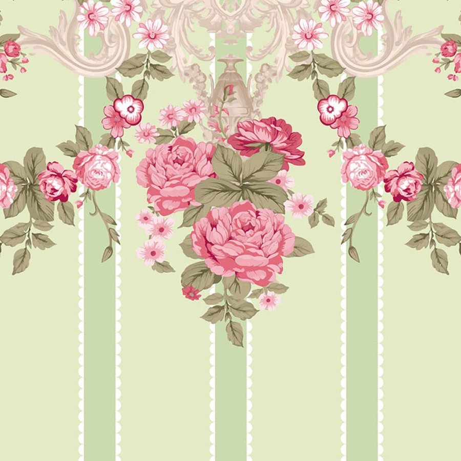 Gros plan de l'impression : les pétales serrés d'une rose et le pointillé d'une rayure.